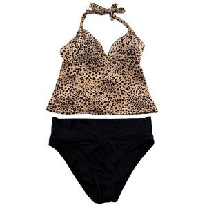 Victoria's Secret Leopard Print Halter Tankini Top & Black Bottom Swim Set Sz M